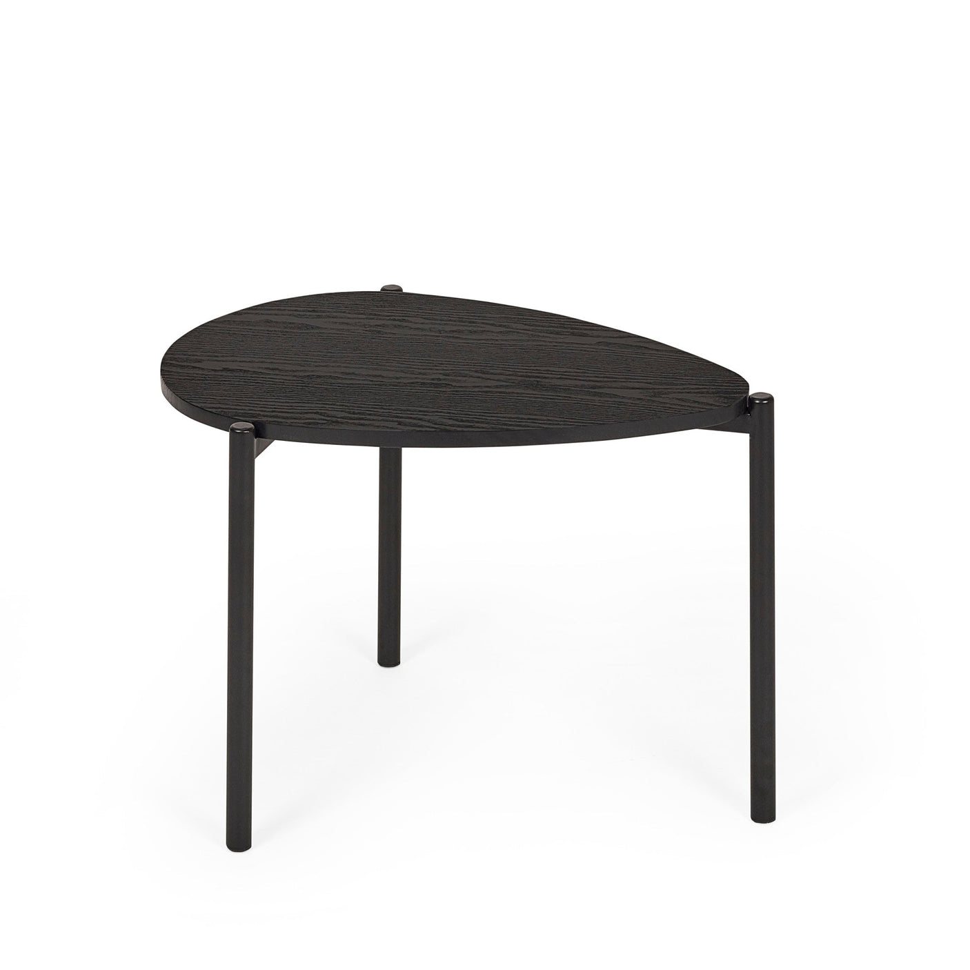 Single smaller black teardrop table isolated with black metal legs on white background
