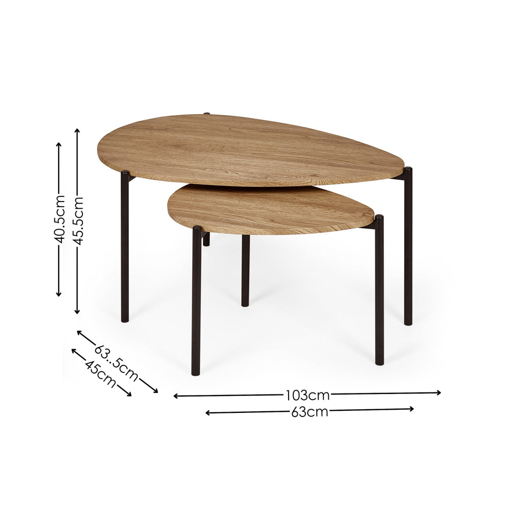 Stacked light wood teardrop coffee tables with black legs, dimensions overlay on white background