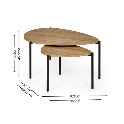 Stacked light wood teardrop coffee tables with black legs, dimensions overlay on white background