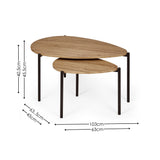 Stacked light wood teardrop coffee tables with black legs, dimensions overlay on white background