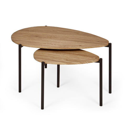 Light oak wood teardrop nesting tables stacked, showing both table tops and black metal legs.