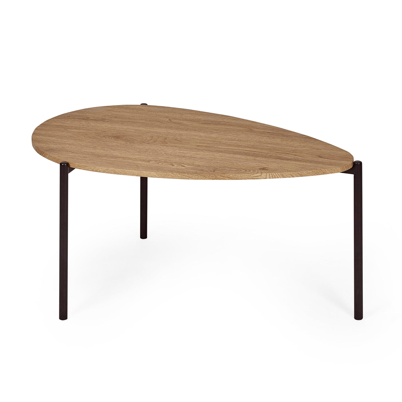 Large light wood teardrop coffee table with black metal legs, angled front view on white background
