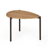 Small light wood teardrop coffee table with black metal legs on white background, angled view