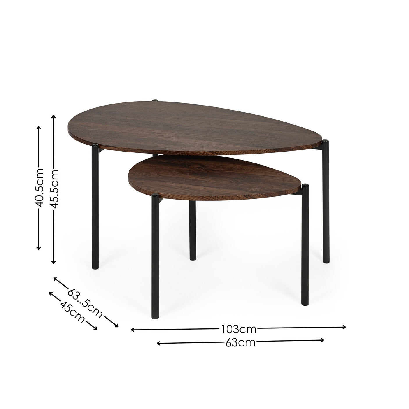 Teardrop nesting tables with dark wood tops and black metal legs shown with dimension lines on white background