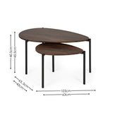 Teardrop nesting tables with dark wood tops and black metal legs shown with dimension lines on white background