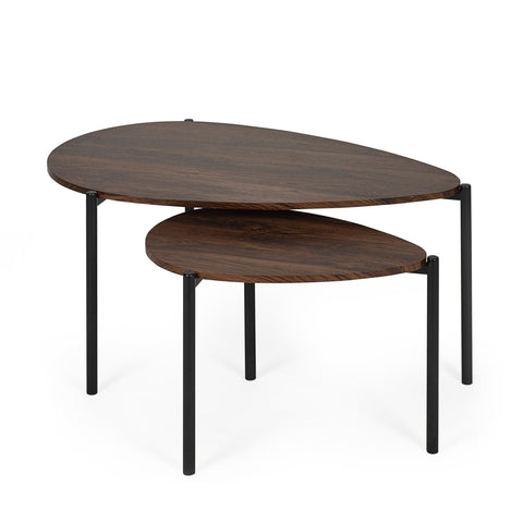 Dark wood teardrop nesting coffee tables with black metal legs on white background, angled view