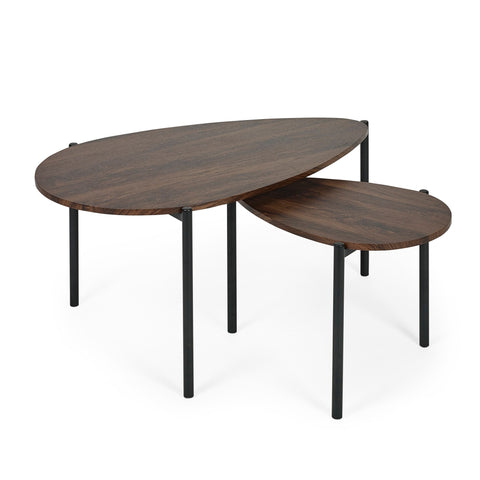 Dark wood nested teardrop coffee tables with black legs, top view on white background