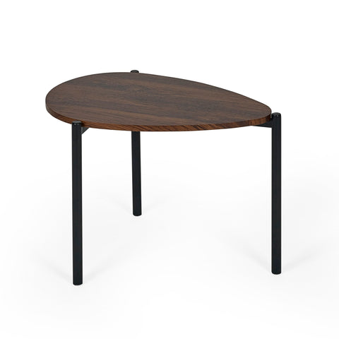 Single teardrop wooden table with dark walnut finish top and black metal legs on white background