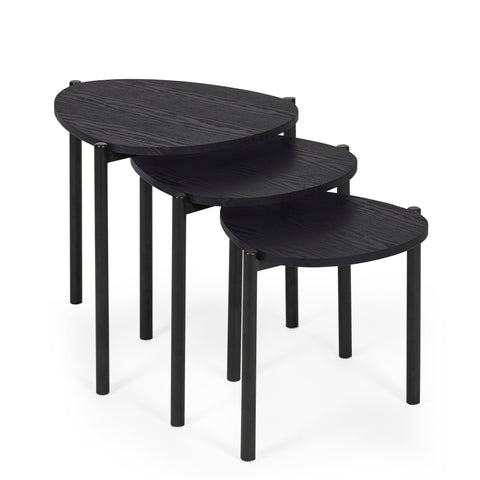 Black teardrop nesting side tables stacked beside each other on white background showing front corner angle.
