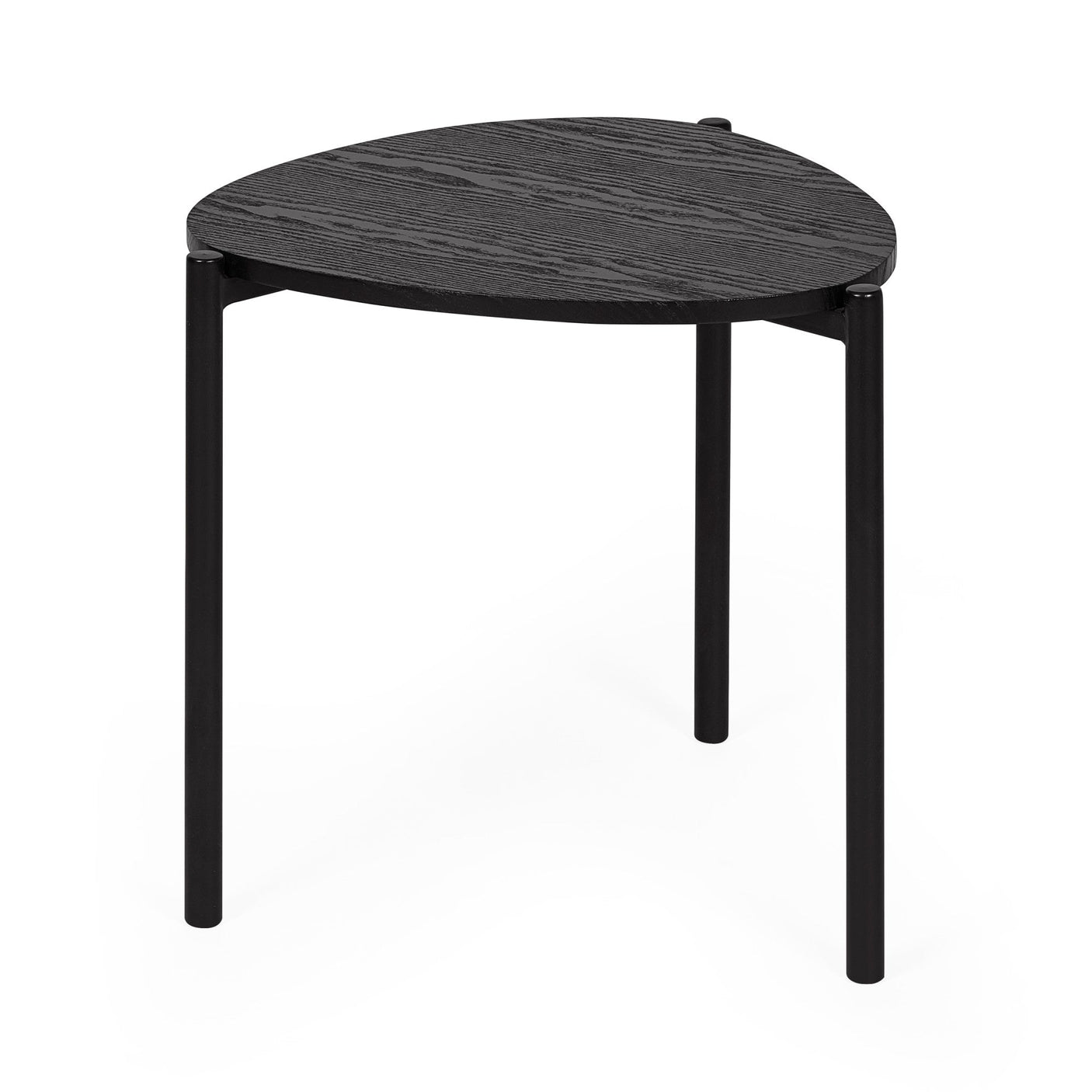 Close-up side view of single black teardrop-shaped table showing black metal legs and wood grain surface.