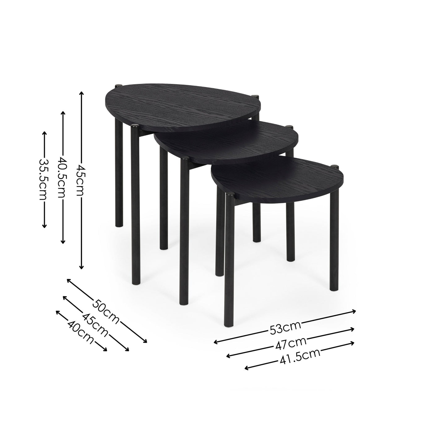 Set of three black teardrop nesting tables with wood grain tops and dimensions on white background.