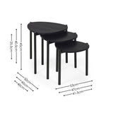 Set of three black teardrop nesting tables with wood grain tops and dimensions on white background.