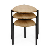 Three nested teardrop side tables with light wood tops stacked with black metal legs, front view.