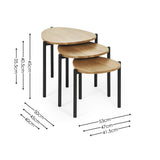 Three teardrop nesting side tables with light wood tops and black metal legs with dimensions on white background.
