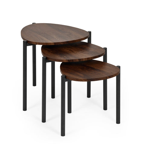 Three dark wood teardrop nesting side tables with black metal legs stacked and viewed from side on white background.