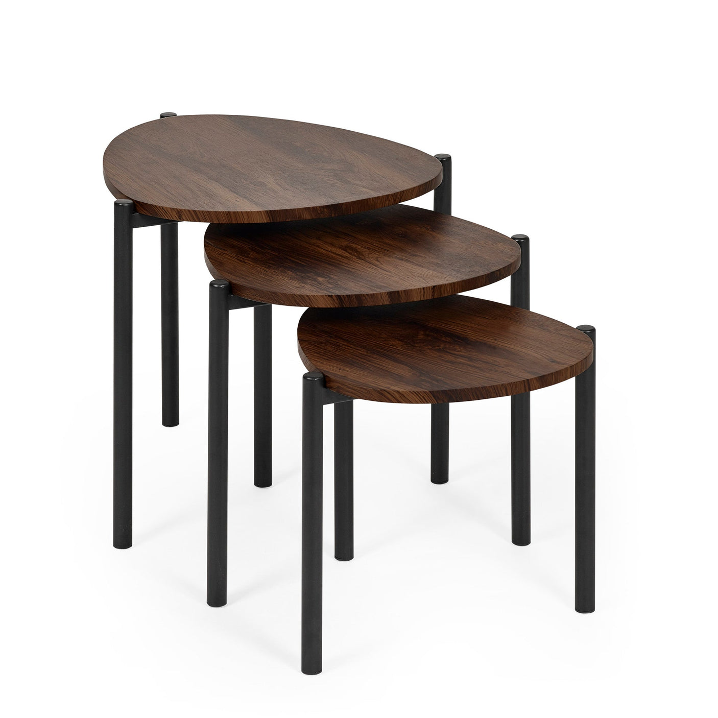 Three dark wood teardrop nesting side tables with black metal legs stacked and viewed from side on white background.