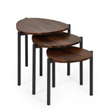 Three dark wood teardrop nesting side tables with black metal legs stacked and viewed from side on white background.