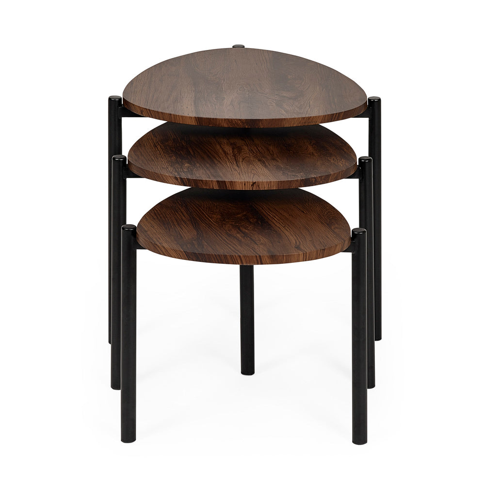 Close-up of dark wood tabletops and black metal legs on three teardrop nesting side tables set on white rug.