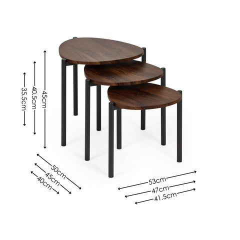 Set of three nested teardrop side tables in dark wood with black metal legs, showing dimensions on a white background