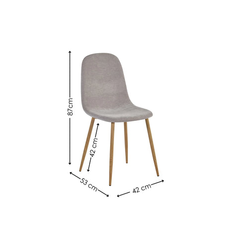 Grey fabric dining chair with wooden legs, size dimensions labeled in centimeters