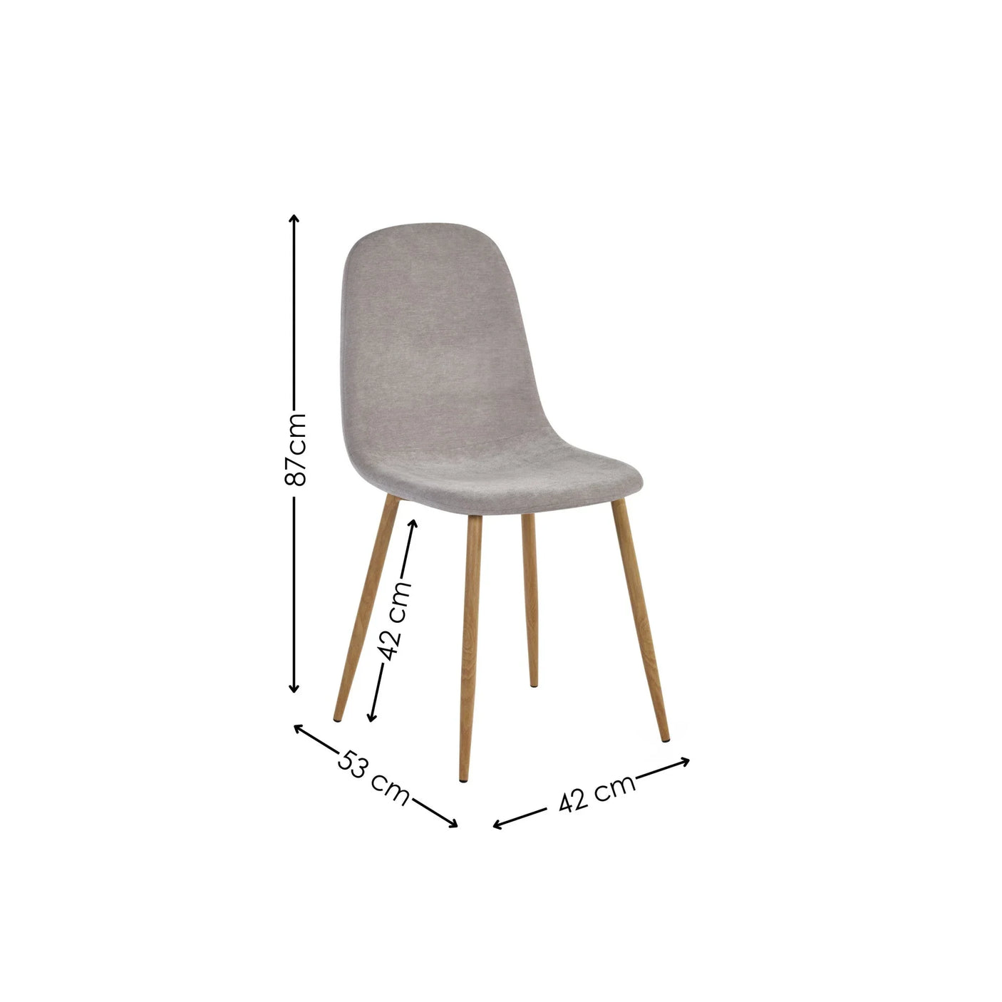 Grey fabric dining chair with wooden legs, size dimensions labeled in centimeters