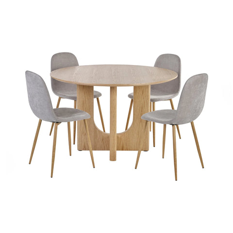 Round oak dining table with four grey fabric chairs, minimalist design on white background