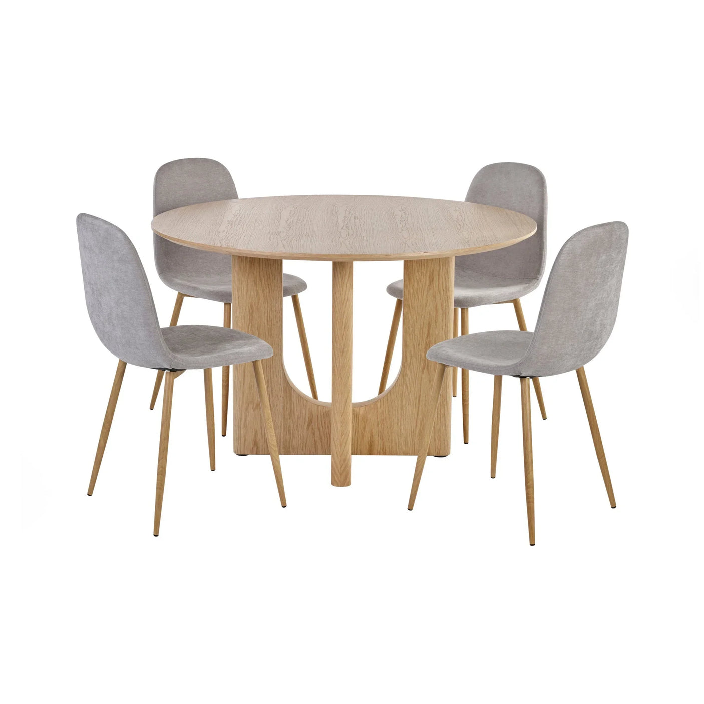 Round oak dining table with four grey fabric chairs, minimalist design on white background