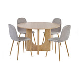 Round oak dining table with four grey fabric chairs, minimalist design on white background