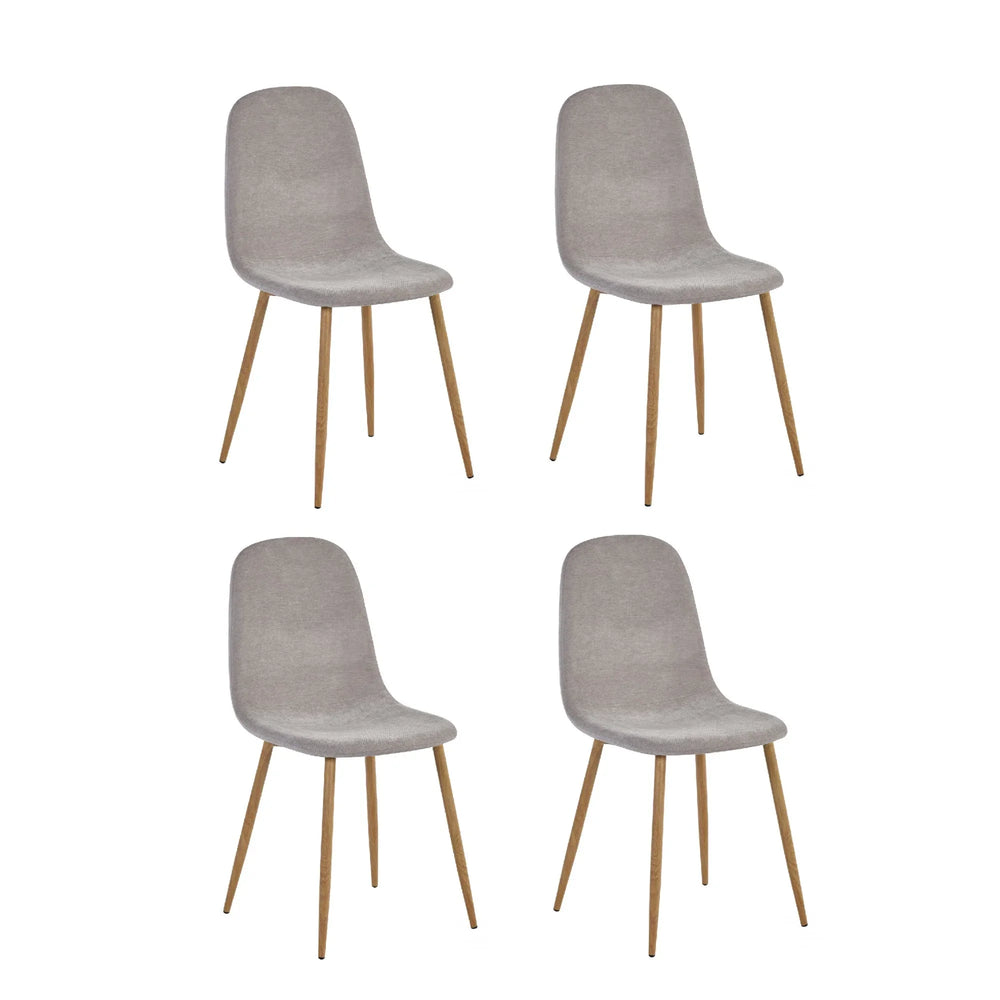 Set of four grey dining chairs with wooden legs, modern upholstered seat design