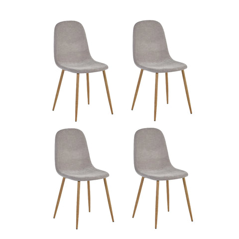 Set of four grey dining chairs with wooden legs, modern upholstered seat design
