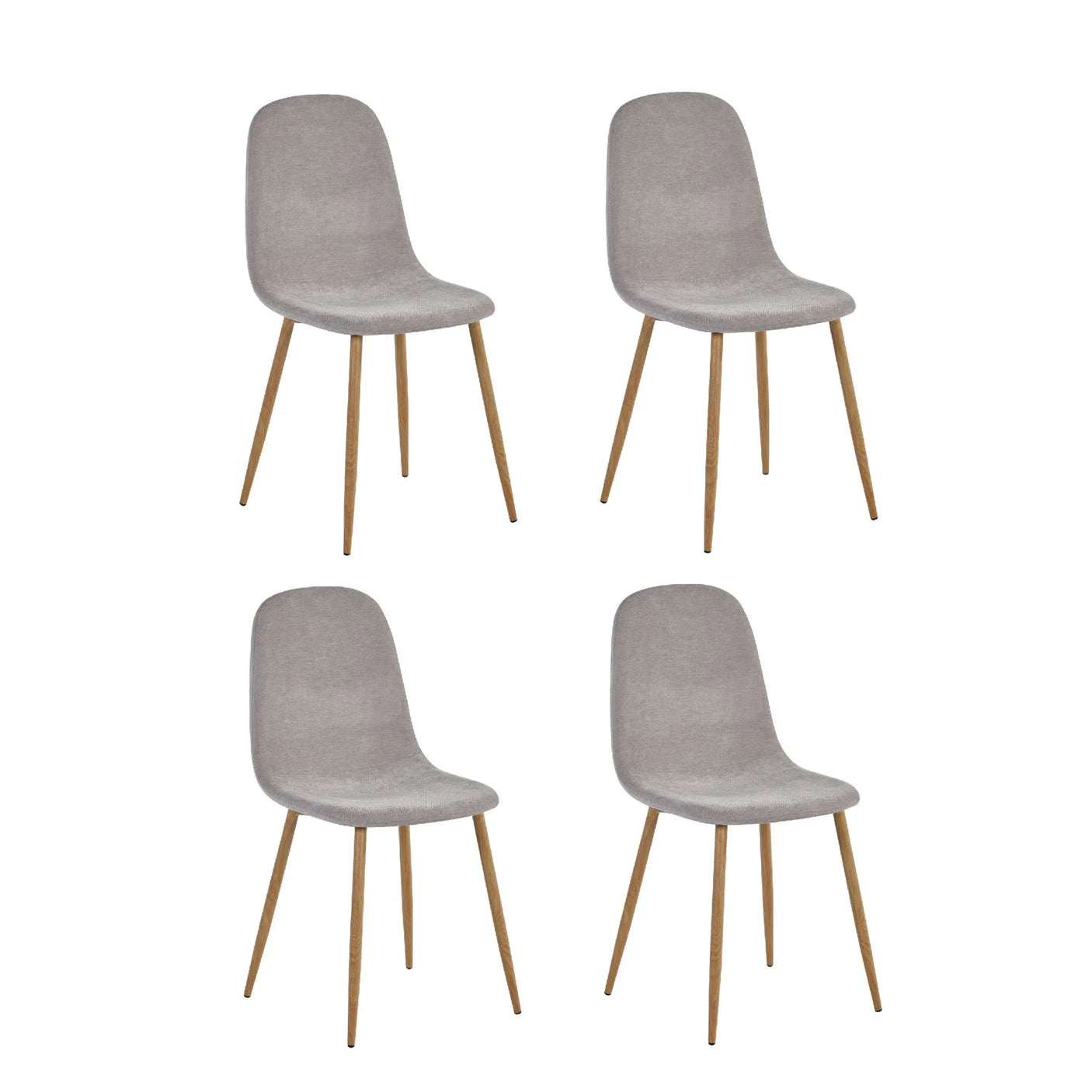 Set of four grey dining chairs with wooden legs, modern upholstered seat design
