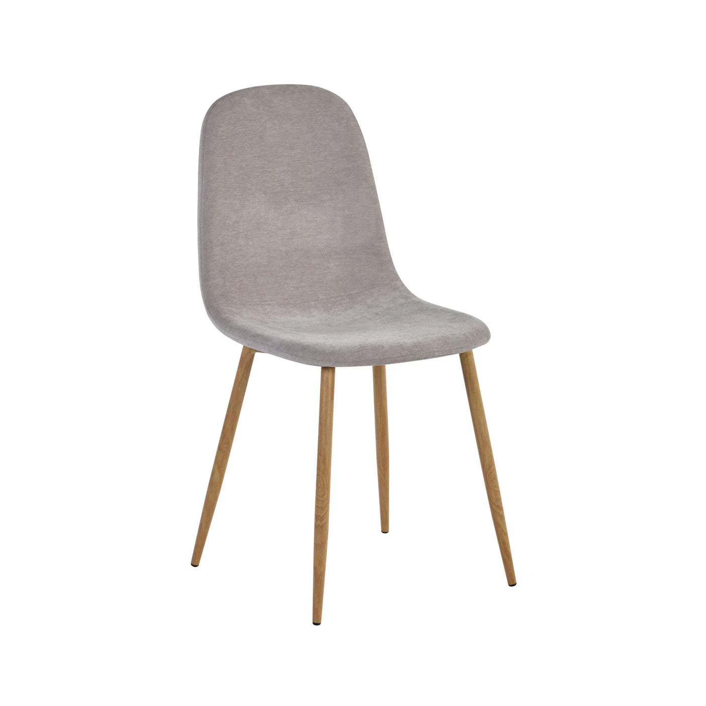 Light grey fabric dining chair with wooden legs, front angled view