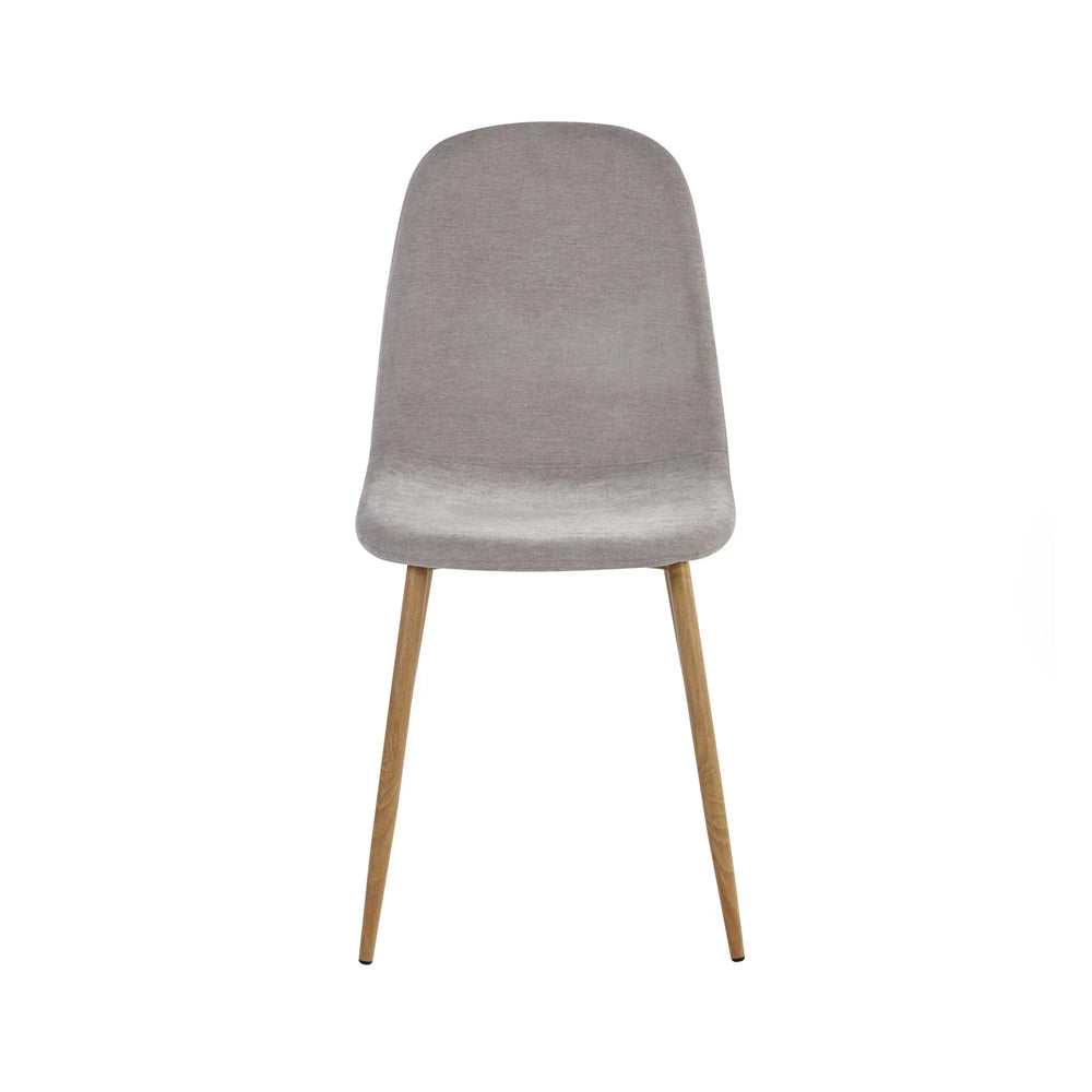 Grey dining chair with padded seat and wooden legs, front view on white background