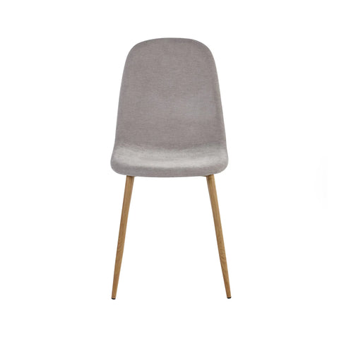 Grey dining chair with padded seat and wooden legs, front view on white background