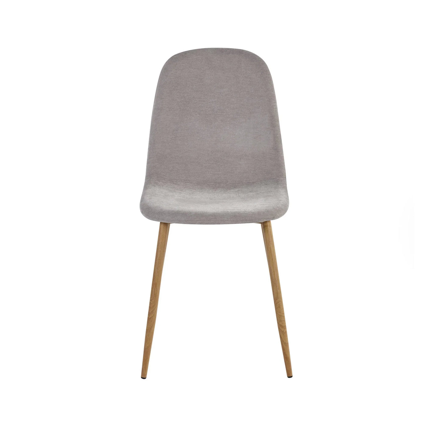 Grey dining chair with padded seat and wooden legs, front view on white background