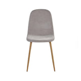 Grey dining chair with padded seat and wooden legs, front view on white background