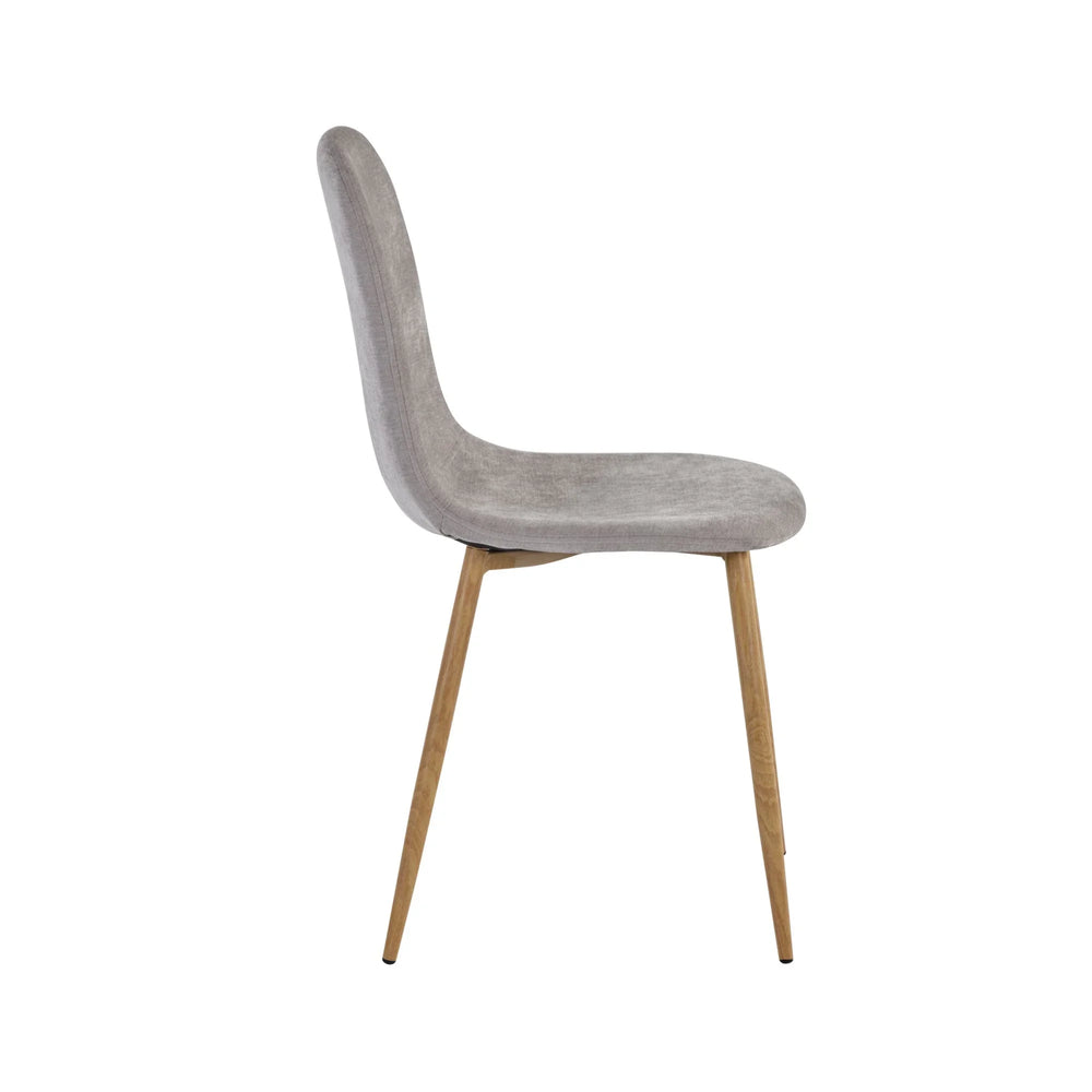 Grey upholstered dining chair with curved back and light wood legs side view