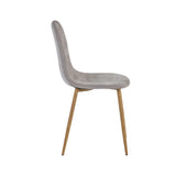Grey upholstered dining chair with curved back and light wood legs side view