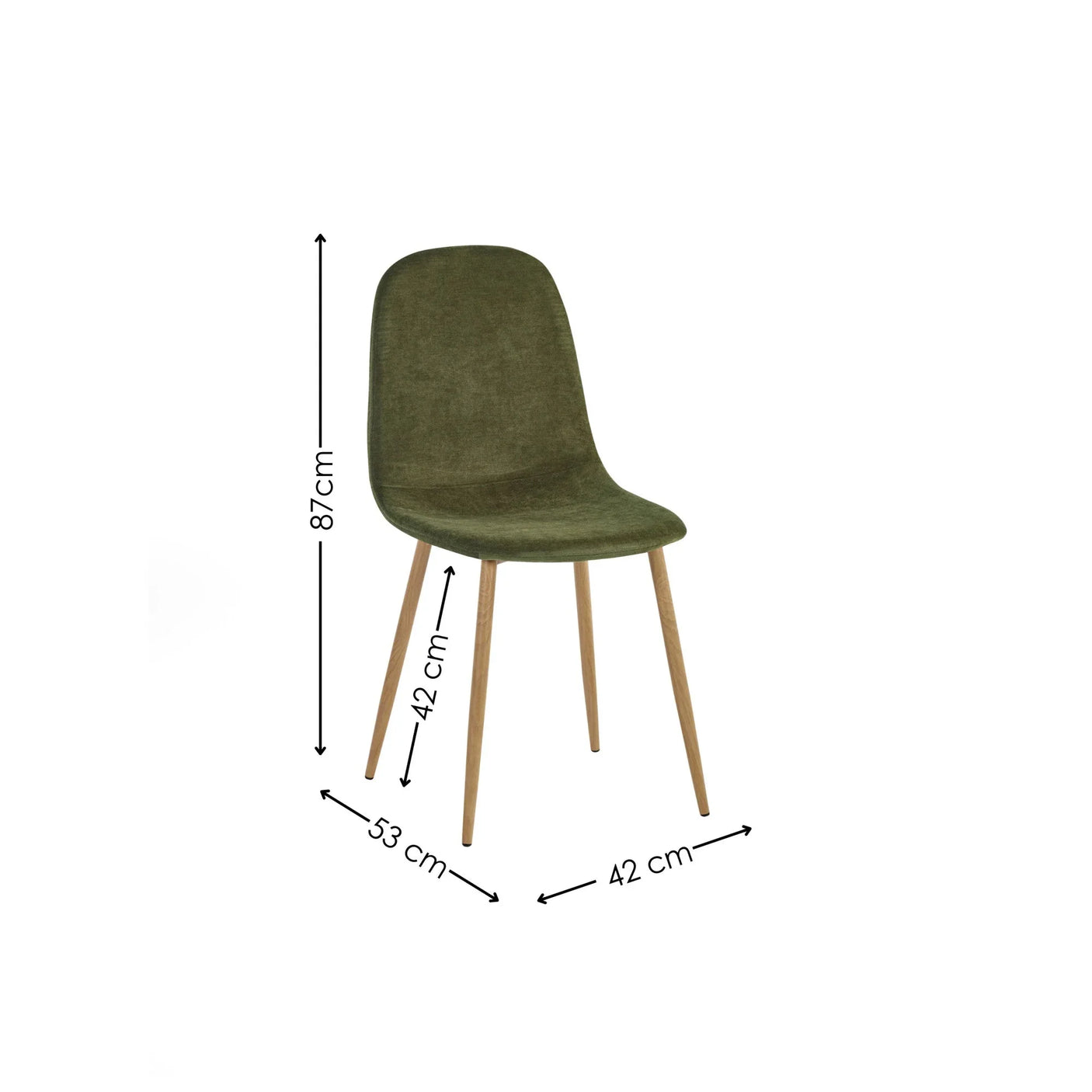 Green fabric dining chair with wooden legs, measurements shown in centimeters