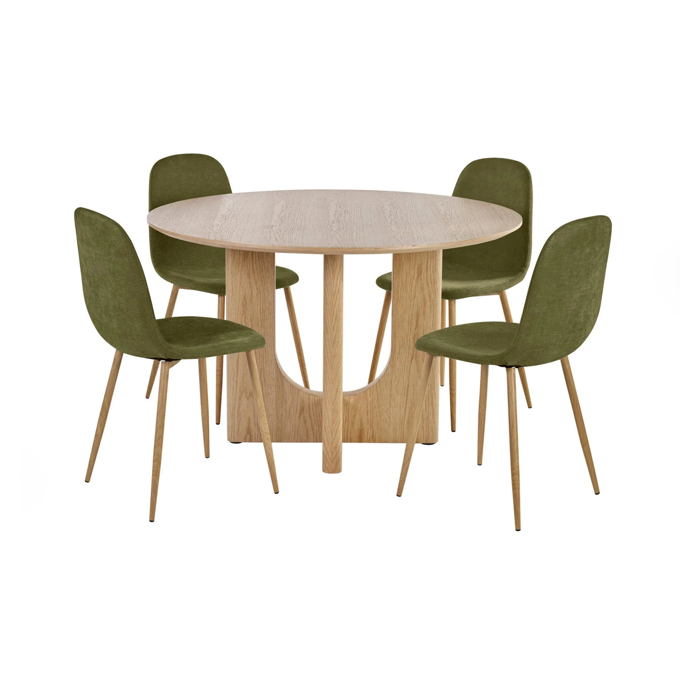 Round oak dining table with geometric base and four green velvet dining chairs