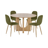 Round oak dining table with geometric base and four green velvet dining chairs