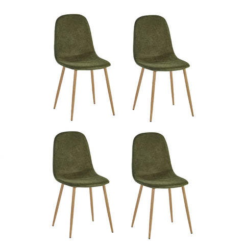 Set of four green fabric dining chairs with wooden legs on white background