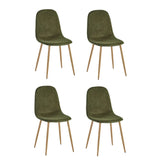 Set of four green fabric dining chairs with wooden legs on white background