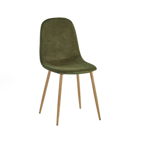 Green fabric dining chair with curved back and light wood legs