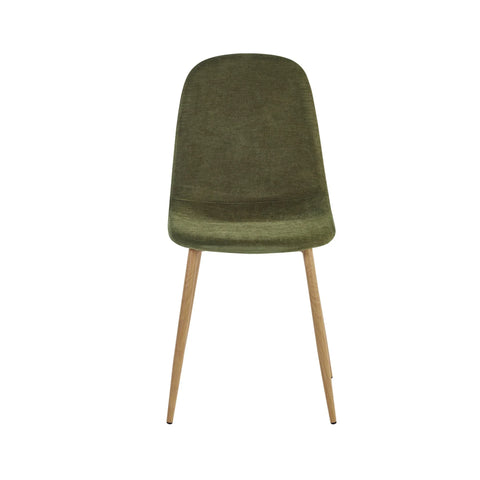 Green fabric dining chair with curved backrest and wooden legs, front view