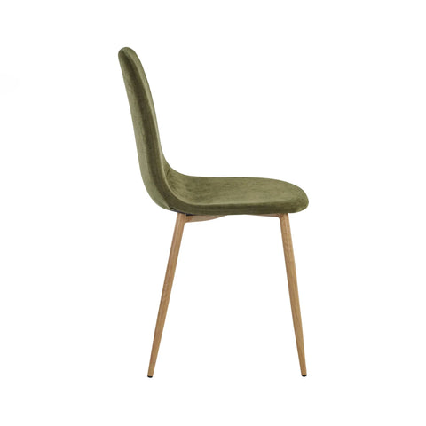 Green velvet dining chair with wooden legs side view