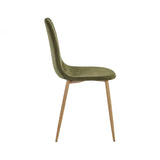 Green velvet dining chair with wooden legs side view