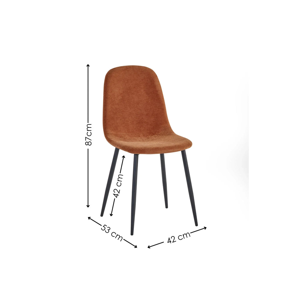 Brown fabric dining chair with black legs and dimensions shown