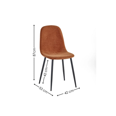 Brown fabric dining chair with black legs and dimensions shown
