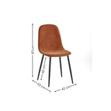 Brown fabric dining chair with black legs and dimensions shown